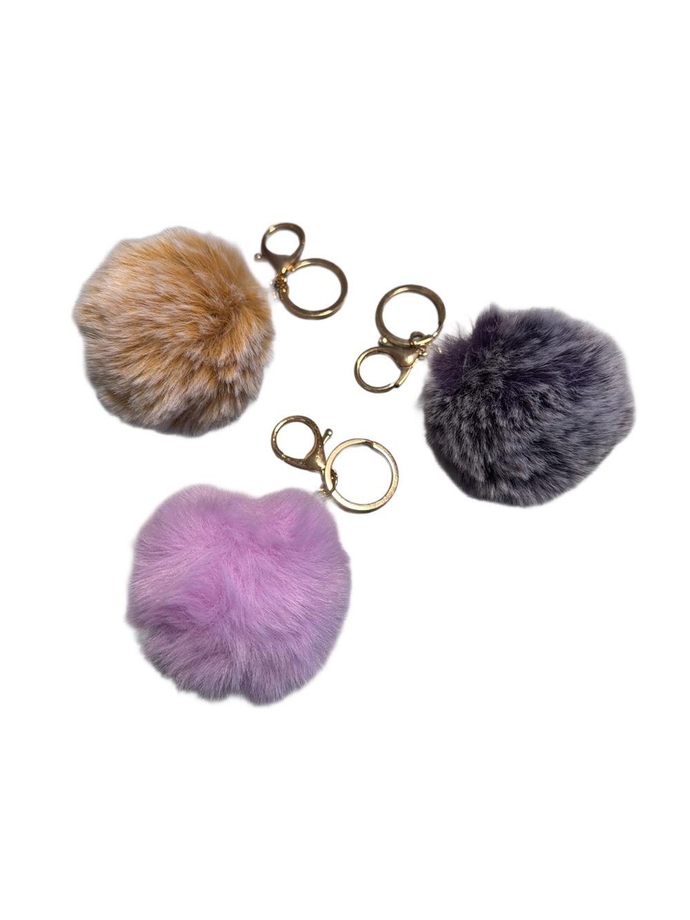 Faux Fur Pom Pom Keychains - Lavender, Gray, Camel with Gold Hardware